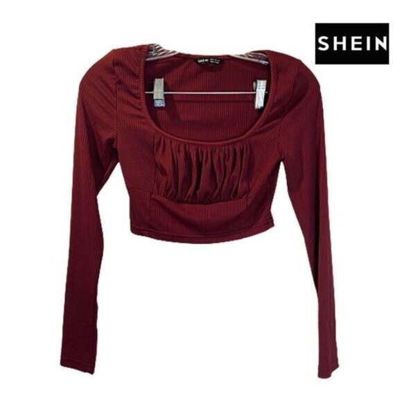 SHEIN Women's Square Neck Ruched Bust Crop Long Sleeve Tee - Picture 5 of 10